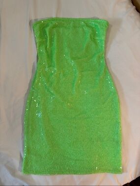 Fashion Nova Neon Green Strapless Sequin Bodycon Dress